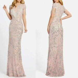 MAC DUGGAL 4715 EMBELLISHED FRINGE CAP SLEEVE TRUMPET PLATINUM GOWN sz 16